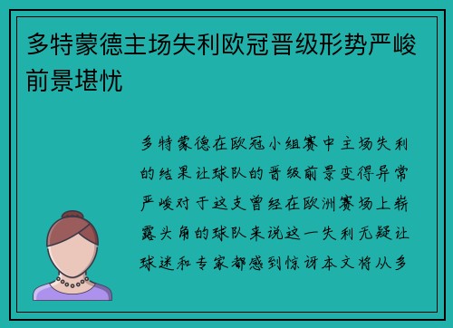 多特蒙德主场失利欧冠晋级形势严峻前景堪忧