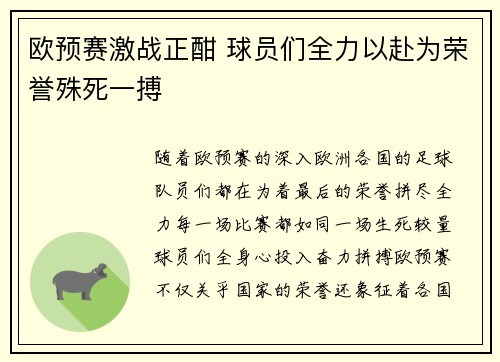 欧预赛激战正酣 球员们全力以赴为荣誉殊死一搏
