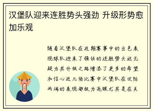 汉堡队迎来连胜势头强劲 升级形势愈加乐观