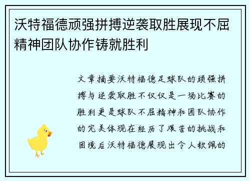 沃特福德顽强拼搏逆袭取胜展现不屈精神团队协作铸就胜利