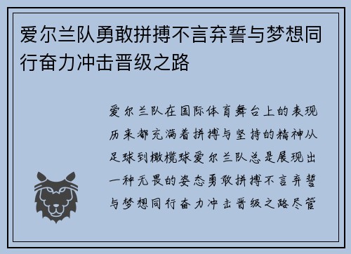 爱尔兰队勇敢拼搏不言弃誓与梦想同行奋力冲击晋级之路