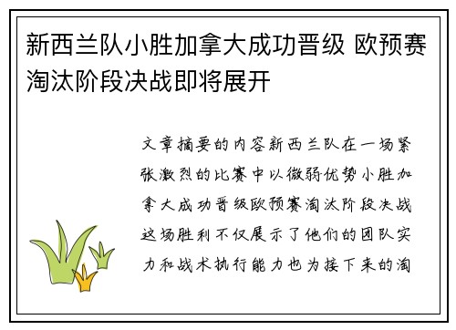 新西兰队小胜加拿大成功晋级 欧预赛淘汰阶段决战即将展开