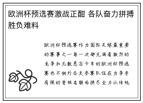 欧洲杯预选赛激战正酣 各队奋力拼搏胜负难料